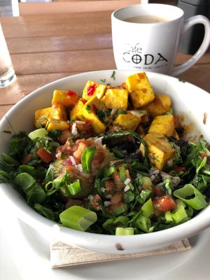 Tofu bowl with sweet chili sauce, Chico Chai with oat milk   at Cafe Coda in Chico