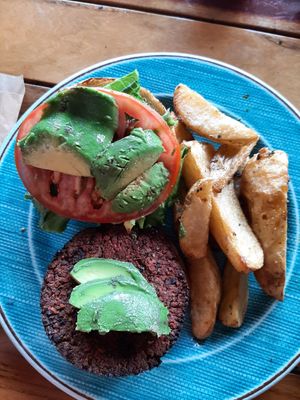 Vegan Burger with dry Bun & Patty. But the Potatoe Wedges were good at Cafe Mono Congo in Dominical