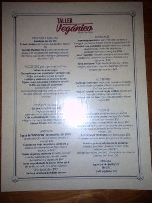 menu at Taller Veganico in Monterrey