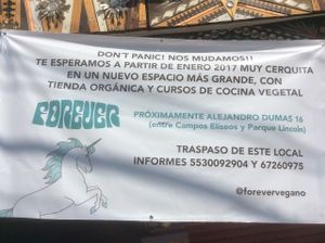 Sign announcing that Forever has closed at this location and will be opening at a new location in January 2017. at Forever - Polanco in Mexico City