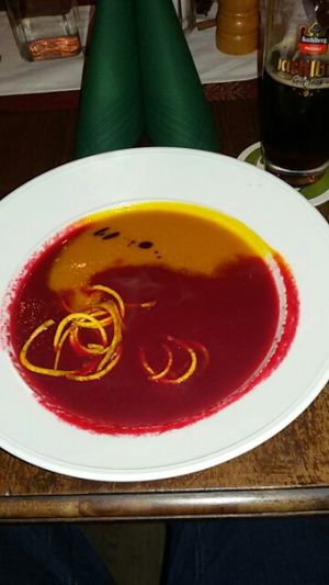 Kürbis-Ranersuppe. at Bio-Wirtshaus Zum Fliegerbauer on Stelzlhof in Passau
