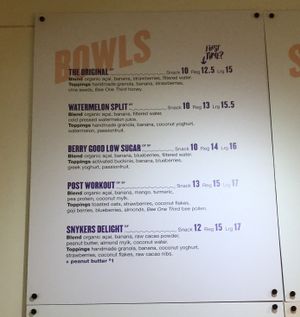 wall menu - bowls at Kiss the Berry - Brisbane City in Brisbane