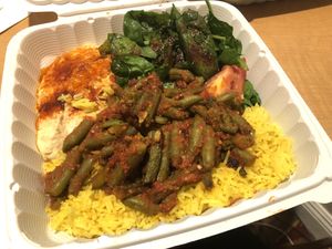 Loubiya Combo Plate (green beans in tomato sauce, rice, fresh spinach, and hummus) at Paprika Cafe in Monterey