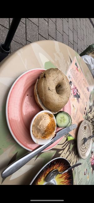 Cinnamon raisin bagel + thai sweet vegan cream cheese  at Bagels & Beans in Arnhem