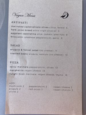 Vegan menu as of 2020-10-04 at Beretta in San Francisco