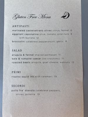 Gluten-free menu as of 2020-10-04 at Beretta in San Francisco