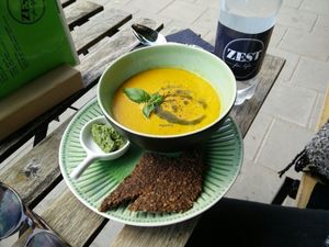 Carrot pumpkin soup at Zest for Life in Amsterdam