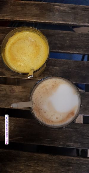 Golden milk and latte with oat milk at Zest for Life in Amsterdam