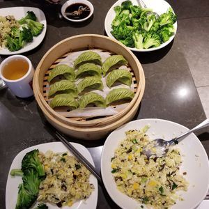 Mushroom fried rice, veggie dumplings, broccoli, and oolong tea! So good! at Din Tai Fung in Costa Mesa