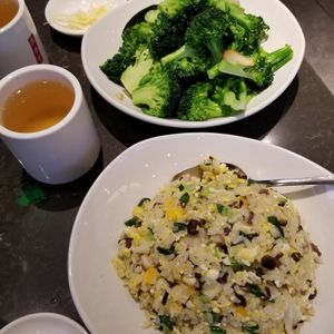 Mushroom fried rice. Ask for no egg if vegan. They use a vegetable bouillon instead of a chicken one they use in their other fried rices. at Din Tai Fung in Costa Mesa