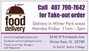 We do offer local delivery in Winter Park area during weekdays to accomodate local businesses and offices. Call us for more info... at Loving Vegan Market & Cuisine in Winter Park