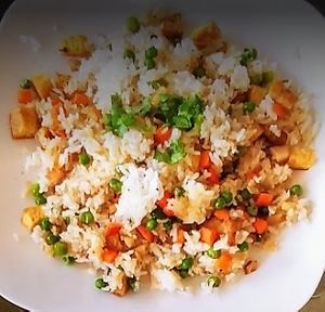 ***TOP 5 
Yang Chow Fried Rice 

Rice, bean curd, carrots, peas, tofu protein, famous Chinese BBQ Char Siu. at Loving Vegan Market & Cuisine in Winter Park