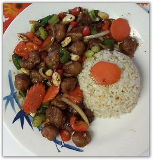 ***TOP 5 
Kung Pao  

Vegetable protein chunks, glazed in Kung Pao sauce with carrots, celery, zucchini, peanuts, red & green bell peppers. at Loving Vegan Market & Cuisine in Winter Park