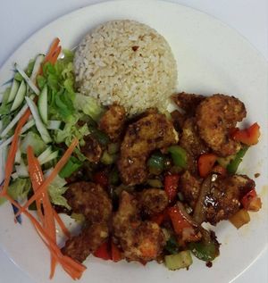 ***TOP 10 
Spicy Cha Cha  

Yam protein (shrimps) battered and seasoned with selected spices, bell pepper, onions & celery over a bed of lettuce & shredded carrots. at Loving Vegan Market & Cuisine in Winter Park