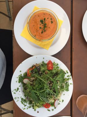 Vegan tomato creme soup and mixed salad at Gasthaus Zum Anker in Efringen-kirchen