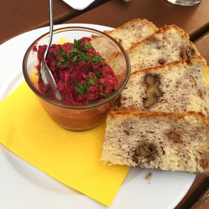 Vegan beetroot hummus with homemade walnut bread at Gasthaus Zum Anker in Efringen-kirchen