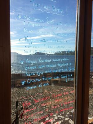 The menu is written on the window so you can see the stunning view at the same time! at Knoydart Pottery and Tearoom in Knoydart