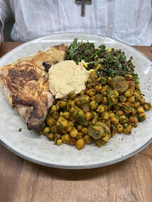 Moussaka pastry with hummus, spicy kale salad and chickpea and mushroom salad    at Let Them Eat - Central Market in Adelaide