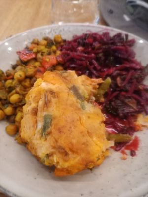 Sweet potato fritter with chickpea salad and beetroot salad at Let Them Eat - Central Market in Adelaide