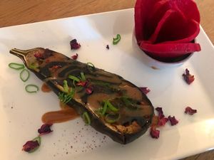Eggplant with miso-caramel and tahini, beet pickles at Bijzonder in Maastricht