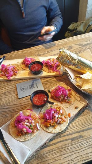 Vegan tacos and vegan burrito combo at Los Tacos in Bergen