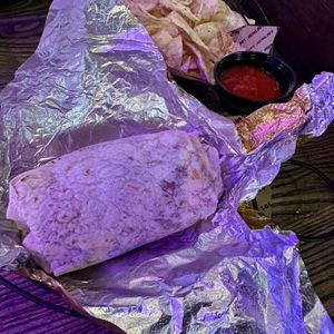 The Vegan Burrito with Nacho Chips and Salsa  at Los Tacos in Bergen