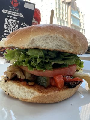 Veggie sandwich on Kaiser roll   at Poutineville in Quebec
