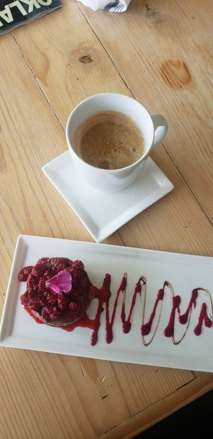 Chocolate ganache with raspberry topping at Pure Food and Juice in Tulsa