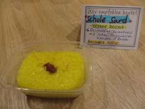 Schole Sard, a Persian vegan rice pudding with saffron, rose water, alnonds, and sugar at Philo Cafe in Saarbrucken