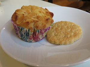 Almond muffin and "Koloutsche Dezfuli" biscuit with caraway and rose water (both vegan) at Philo Cafe in Saarbrucken