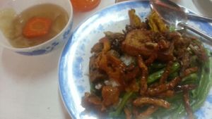 Mixed mock meat dish with rice  at Hoa-Xuan Food Stall at Ben Thanh Market in Ho Chi Minh City