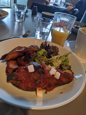 Aubergine with ratatouille and vegan mozzarella at Jute Cafe Bar  in Dundee