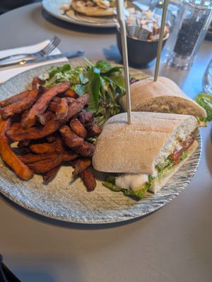 Avocado, pepper and vegan feta ciabatta at Jute Cafe Bar  in Dundee