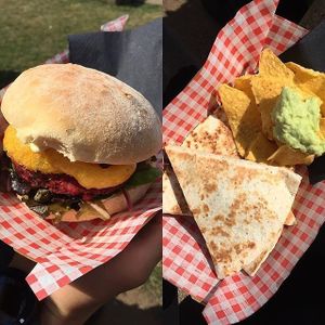 Sweet beet burger (left) and their Quesadilla (right). Great to sit out in the sun and enjoy, or get it wrapped up to take back to the office.  at Bia Kitchen Vegan Diner - Food Stall in Norwich