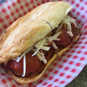 The Hoagie. Vegan meatballs, slow cooked rich ragu served with vegan cheese in a garlic toasted sub. B-O-M-B at Bia Kitchen Vegan Diner - Food Stall in Norwich