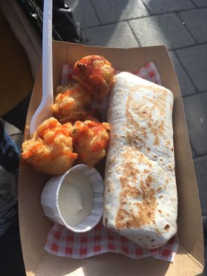Burrito and fried cauliflower  at Bia Kitchen Vegan Diner - Food Stall in Norwich