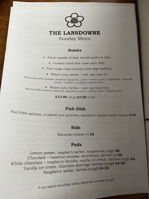 Sunday menu  at The Lansdowne Pub in Cardiff