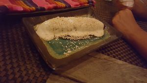 Fired plaintain with cream sauce. Tge cream sauce is not sweet, but very good. at Charly's Vegan Tacos - Food Truck in Tulum