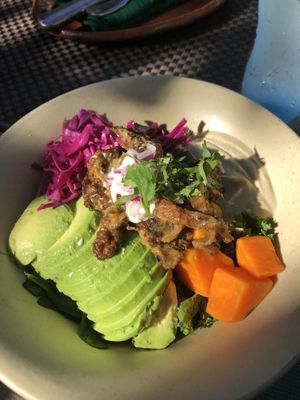 healthy bowl with porkless cracklings  at Charly's Vegan Tacos - Food Truck in Tulum