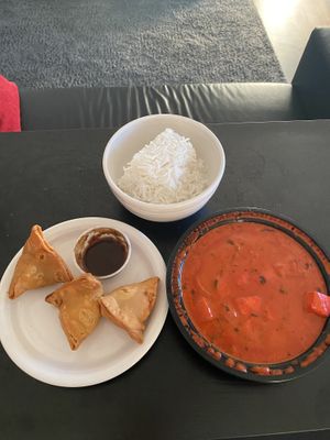 tofu masala, rice, samosas with chutney sauce  at Curry Leaves in Tampa