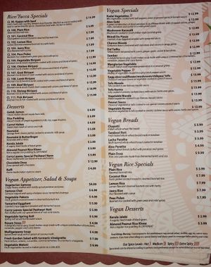 Vegan menu at Curry Leaves in Tampa