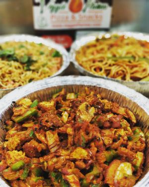 Kalga Chilli is our vegan mock chicken chilli dish made from seitan, loaded in our signature Kalga sauce made in house, drapped with veggies, option of 2 naan is also available  at Veggie Flames in Mississauga