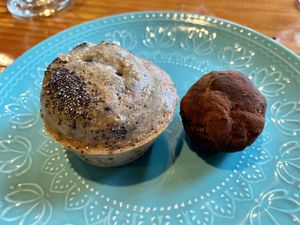 Strawberry muffin and chocolate truffle (both did not like)  at Curcuma in El Chalten