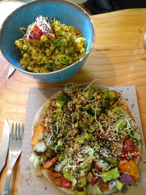 Pizza and pumpkin rissoto.  at Curcuma in El Chalten