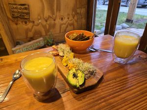 Appetizer and beverage at Curcuma in El Chalten