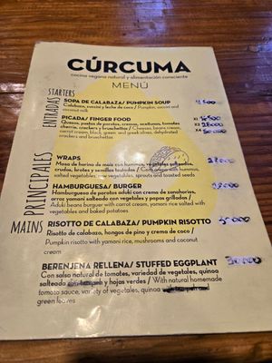 Menu at Curcuma in El Chalten