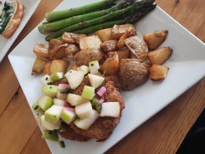 Fried seitan with potatoes and veg at Root in Lancaster