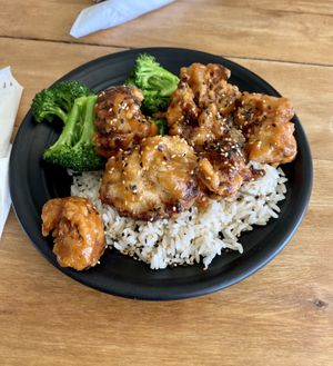 Bourbon BBQ Cauliflower over rice with broccoli   at Root in Lancaster
