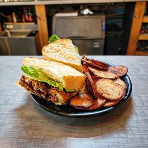 Fried Softshell Oyster Mushroom Sandwich with Old Bay Chips at Root in Lancaster