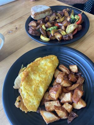 French onion omelette, and vegetable hash for breakfast  at Root in Lancaster